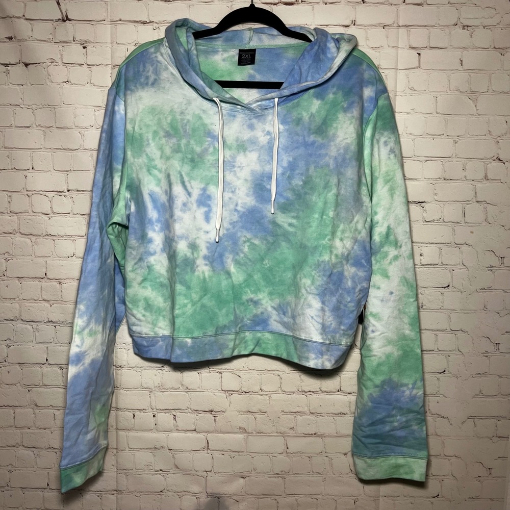 Coeur d Alene Clothing Company Tie Dye Hoodie Sweatshirt Blue‎ Green 2XL Cropped